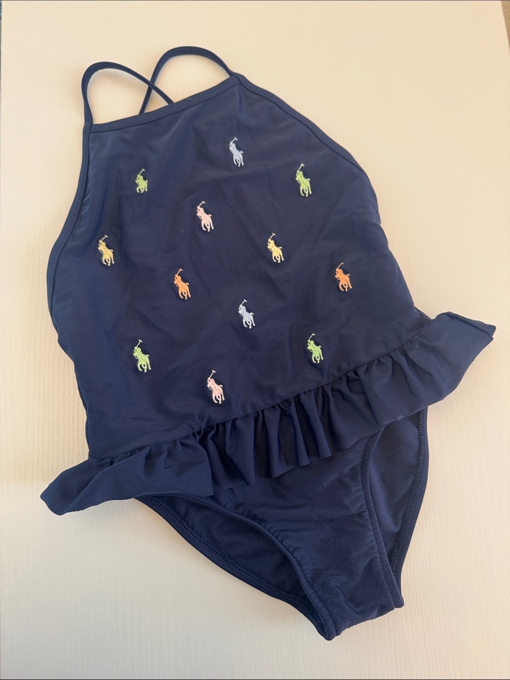 Ralph Lauren Navy One-Piece Swimsuit with Rainbow Pony Embroidery and Ruffle